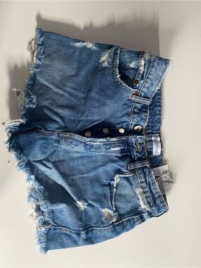 Zara Mid-Blue Distressed Denim Button-Fly Shorts